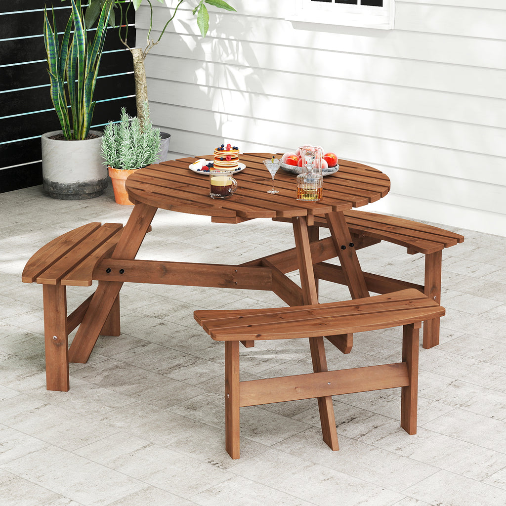 6-Person Round Picnic Table Set with Benches - 36" Brown