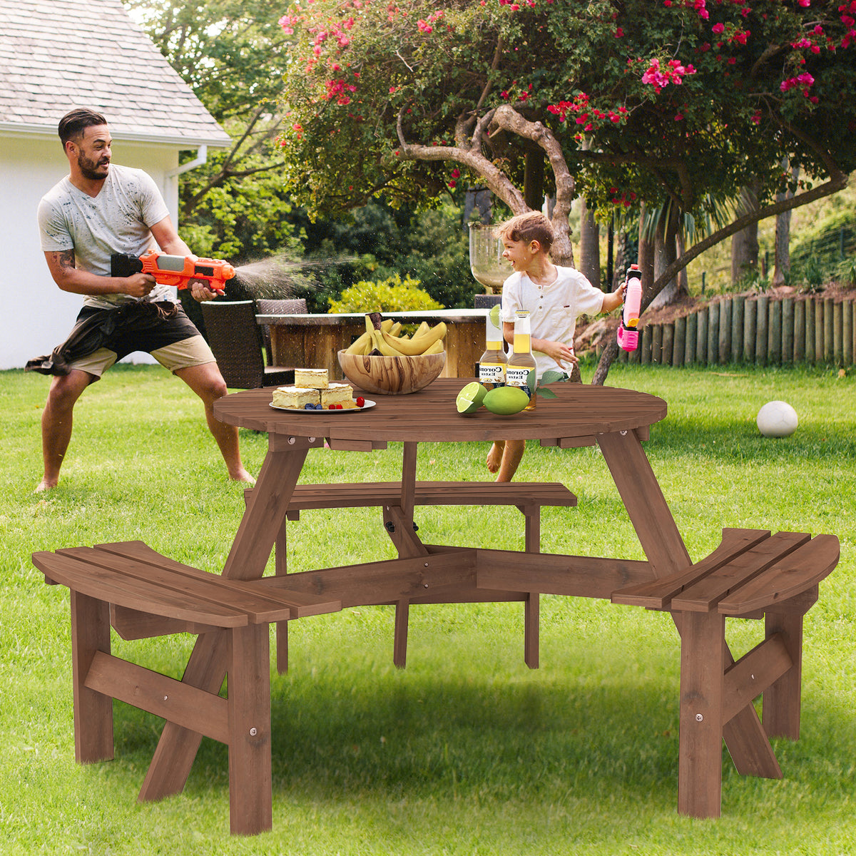 6-Person Round Picnic Table Set with Benches - 36" Brown