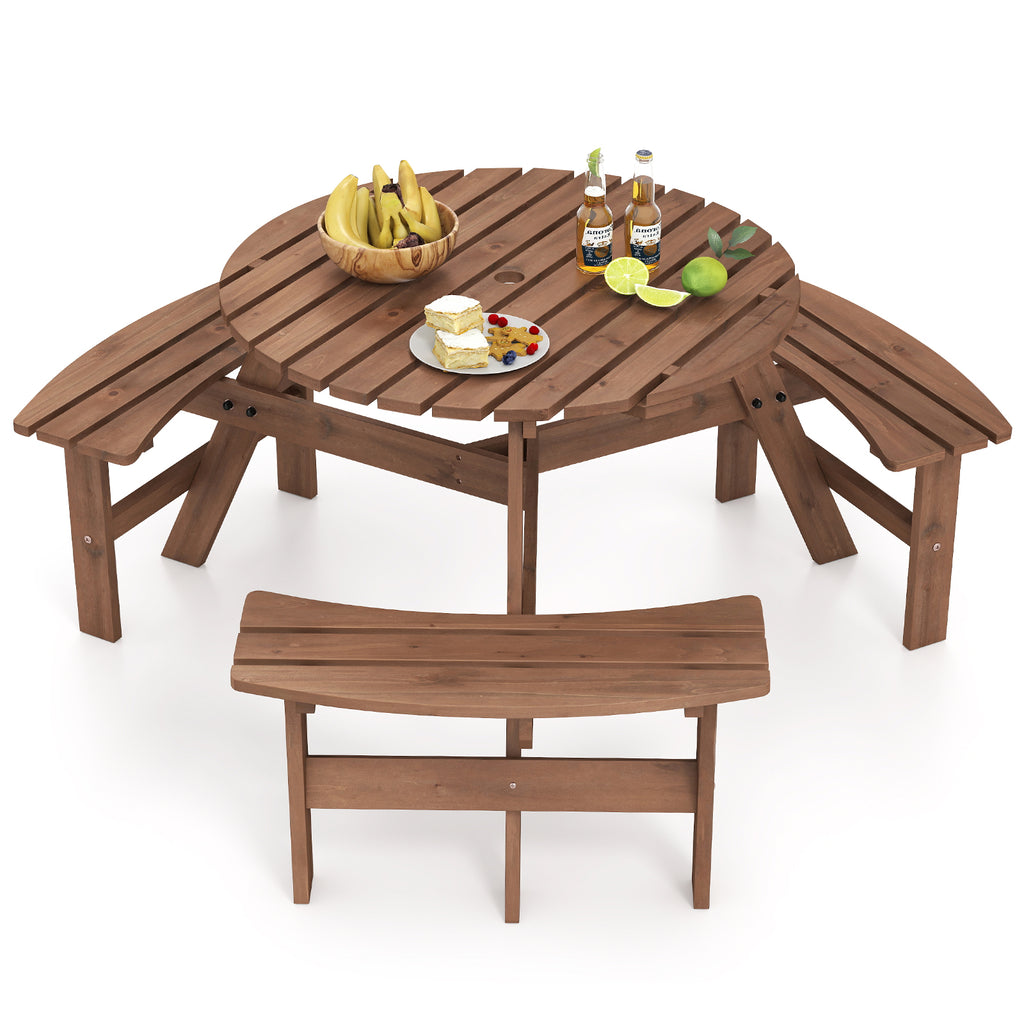 6-person Round Wooden Picnic Table with Umbrella Hole and 3 Built-in