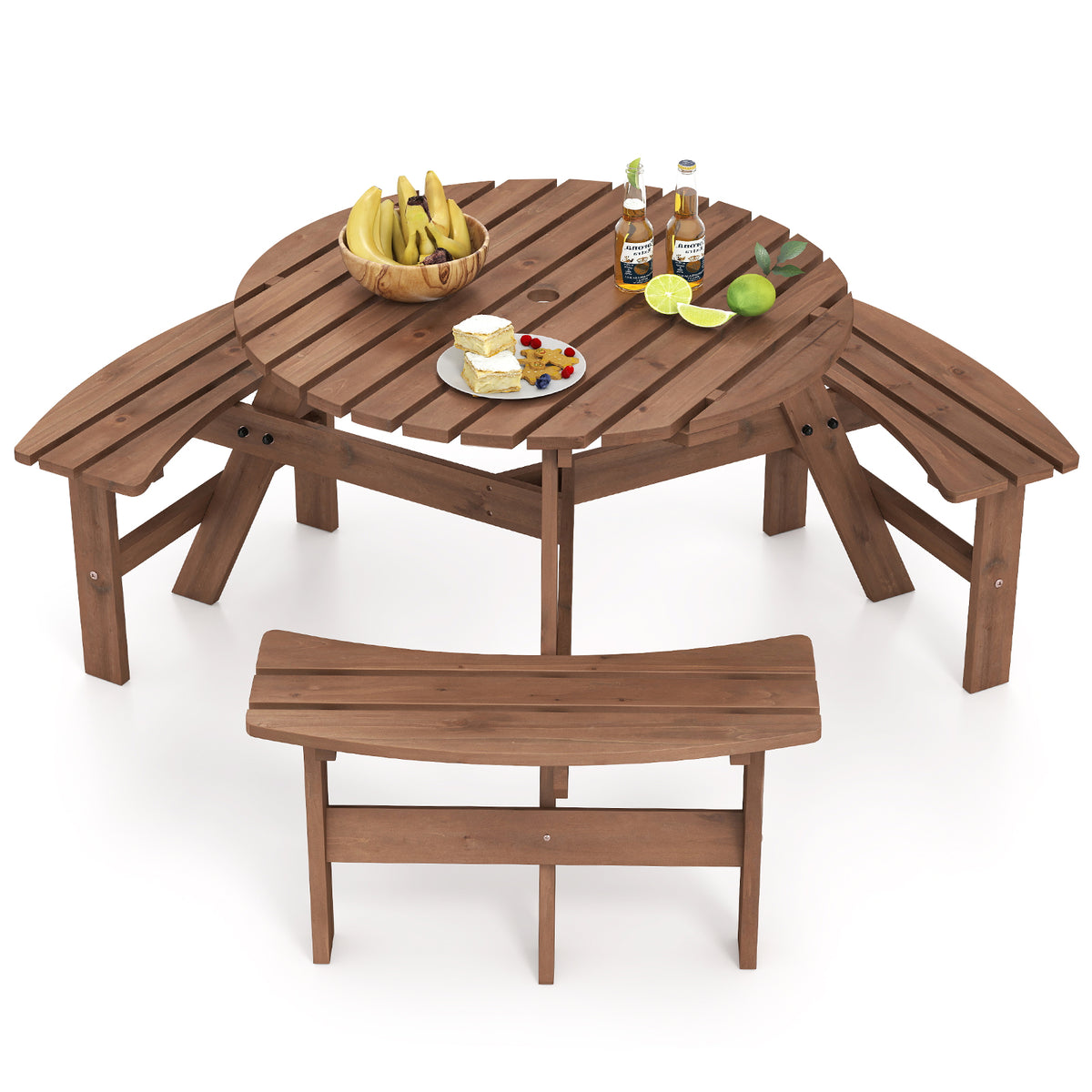 6 Person Wooden Picnic Table Set with Bench and Umbrella Hold