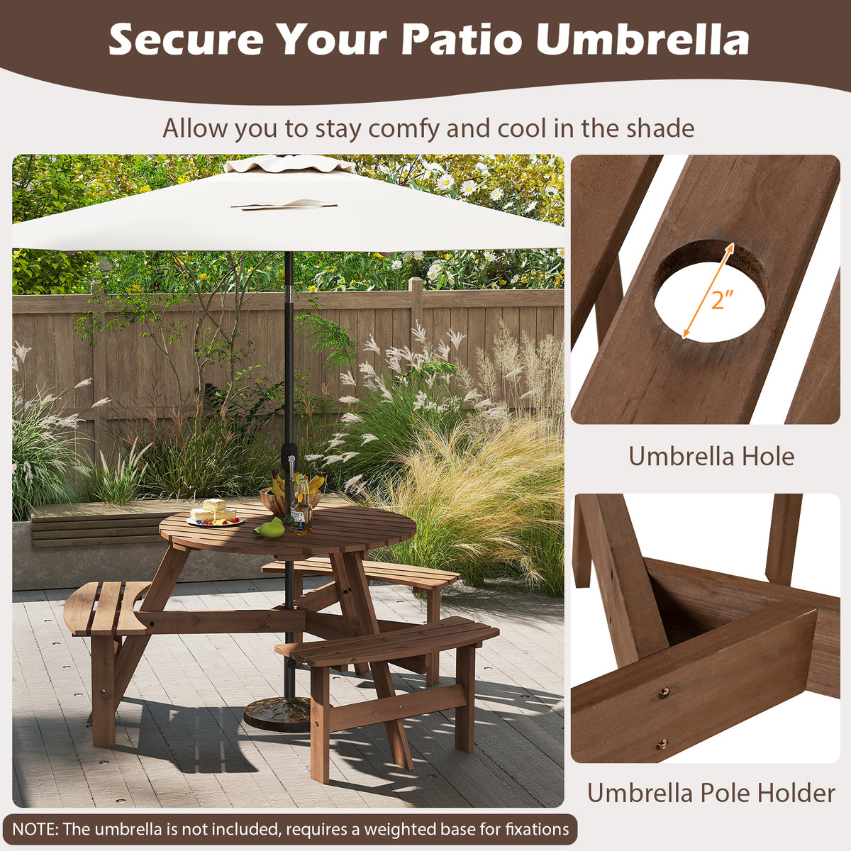 6-Person Round Picnic Table Set with Benches - 36" Brown
