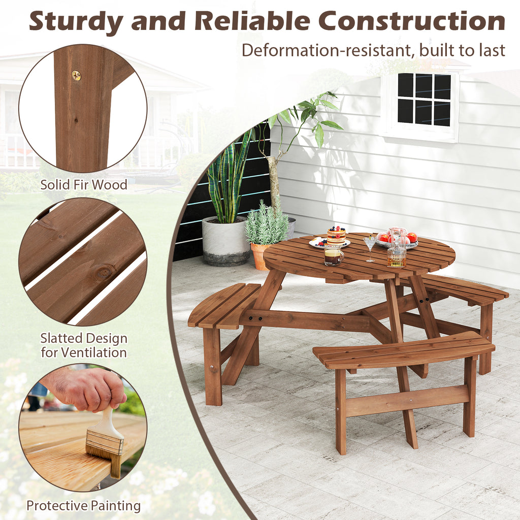6-Person Round Picnic Table Set with Benches - 36" Brown