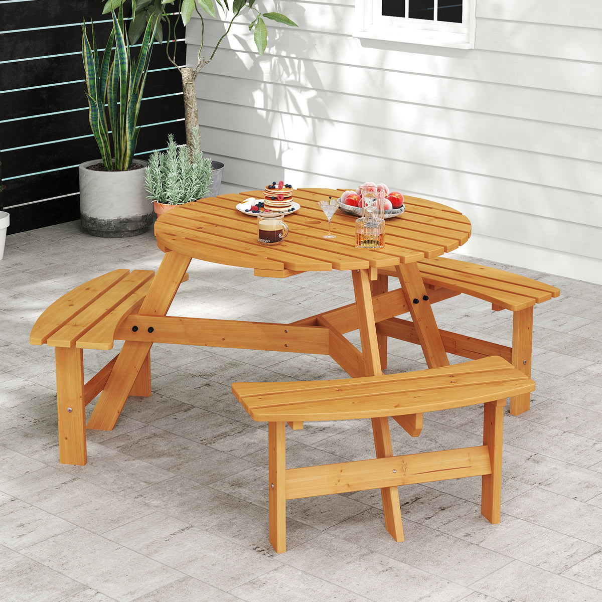 6-Person Round Picnic Table Set with 3 Benches & Umbrella Hole - 36" Yellow
