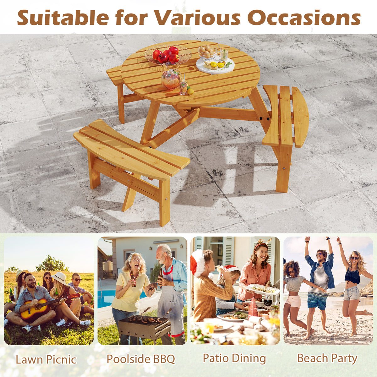 6-Person Round Picnic Table Set with 3 Benches & Umbrella Hole - 36" Yellow
