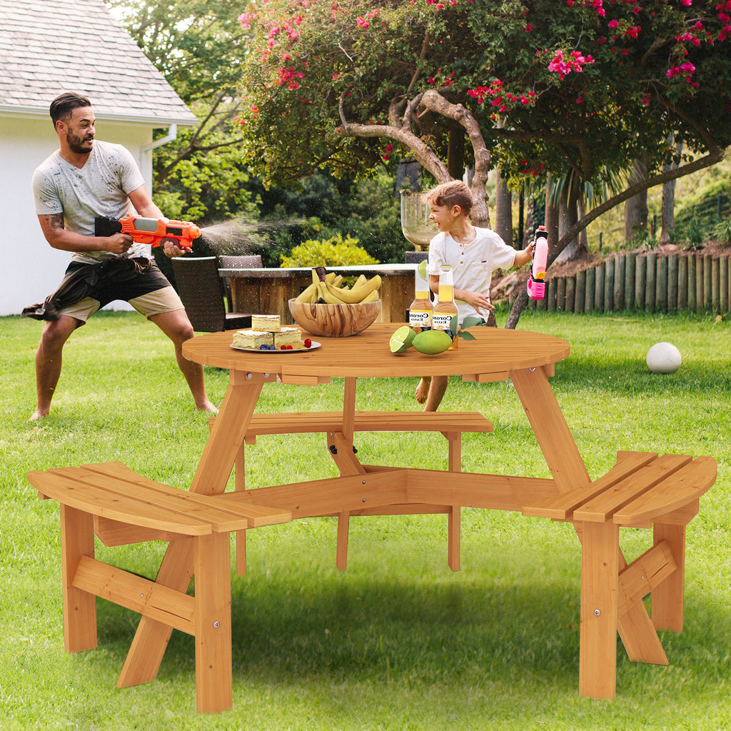 6-Person Round Picnic Table Set with 3 Benches & Umbrella Hole - 36" Yellow