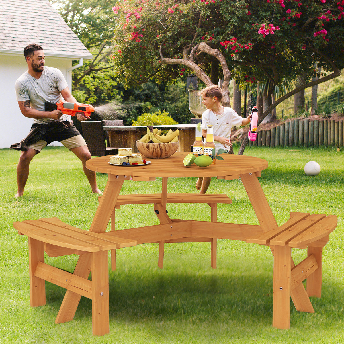 6-Person Round Picnic Table Set with 3 Benches & Umbrella Hole - 36" Yellow
