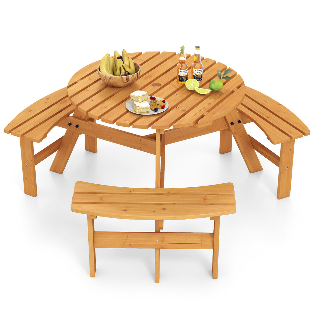 6-Person Round Picnic Table Set with 3 Benches & Umbrella Hole - 36" Yellow