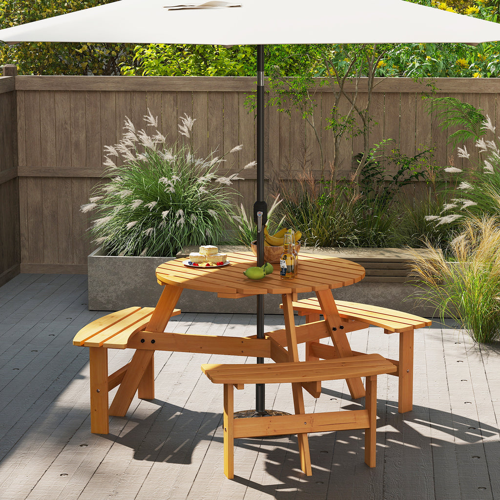 6-Person Round Picnic Table Set with 3 Benches & Umbrella Hole - 36" Yellow
