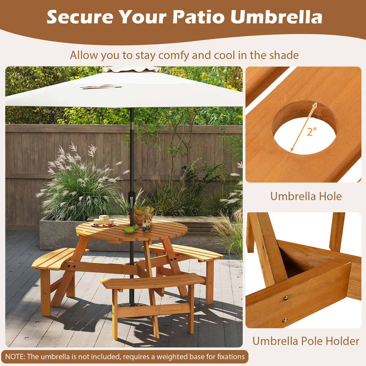 6-Person Round Picnic Table Set with 3 Benches & Umbrella Hole - 36" Yellow