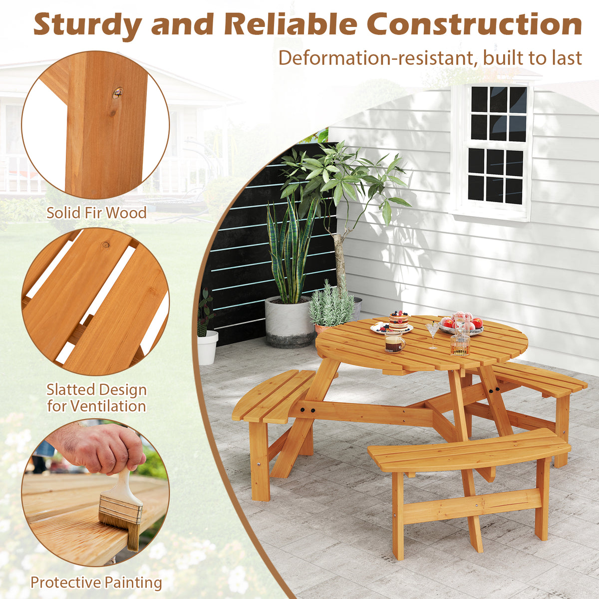 6-Person Round Picnic Table Set with 3 Benches & Umbrella Hole - 36" Yellow