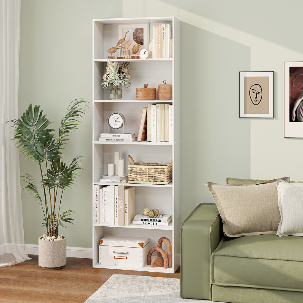6-Tier Bookcase with Open Shelves, White