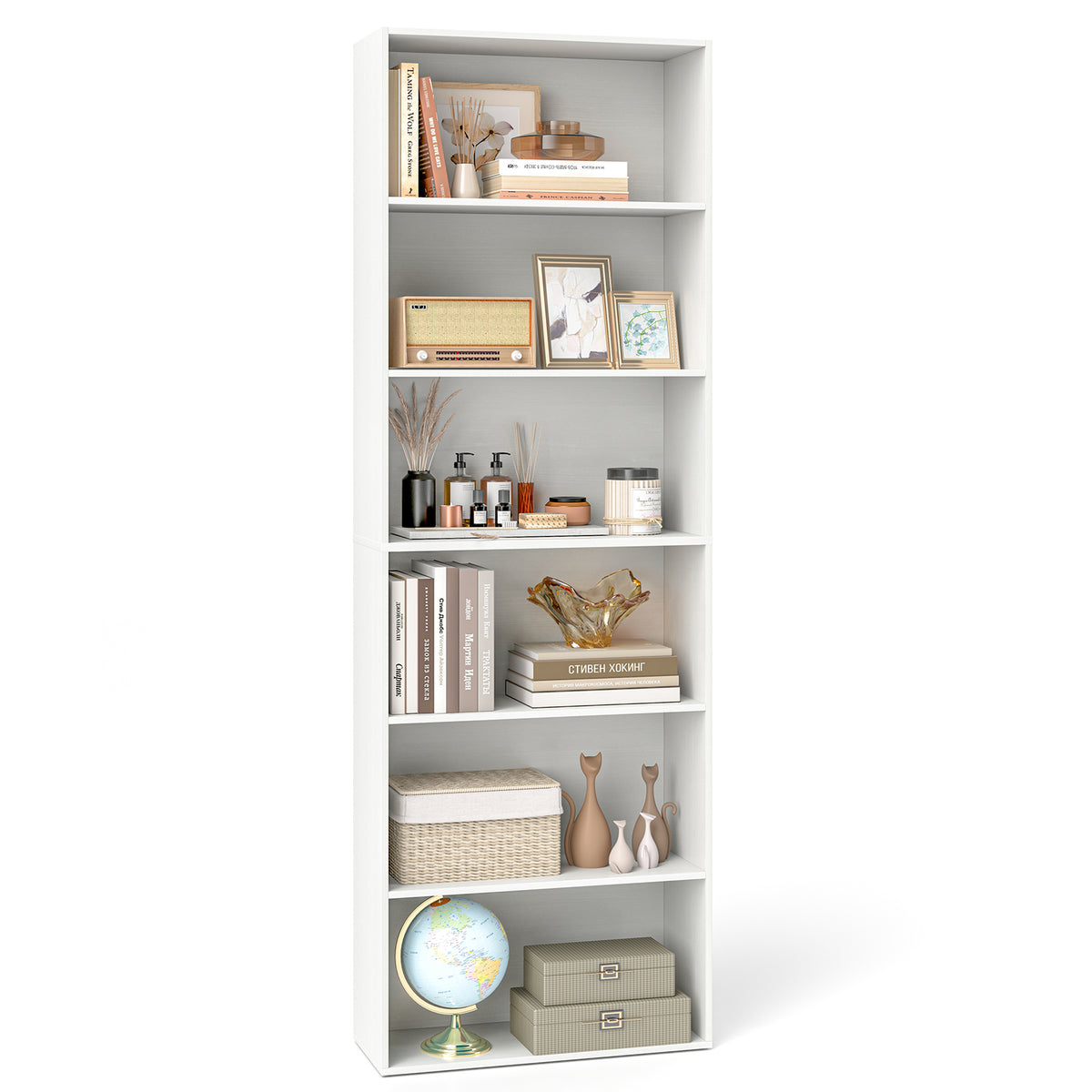 6-Tier Bookcase with Open Shelves, White