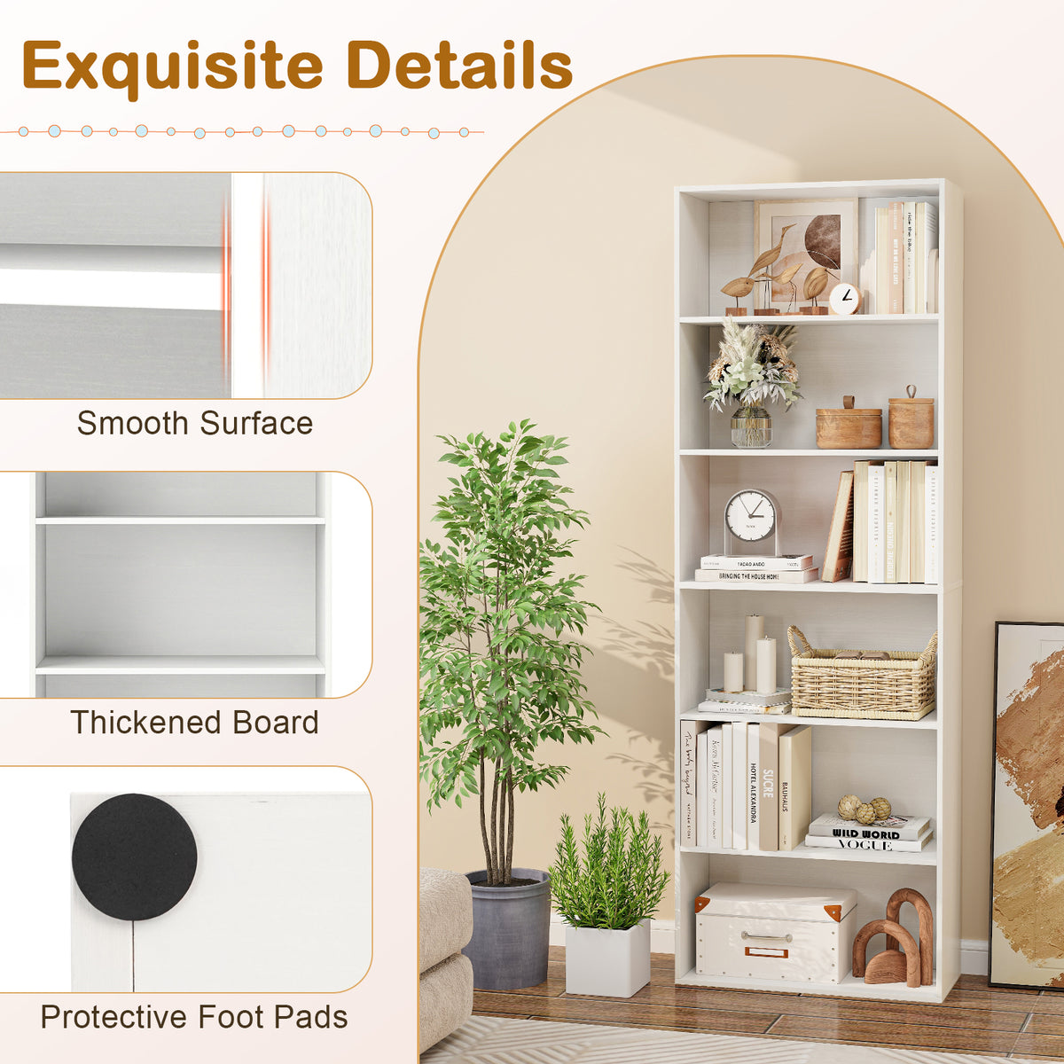 6-Tier Bookcase with Open Shelves, White