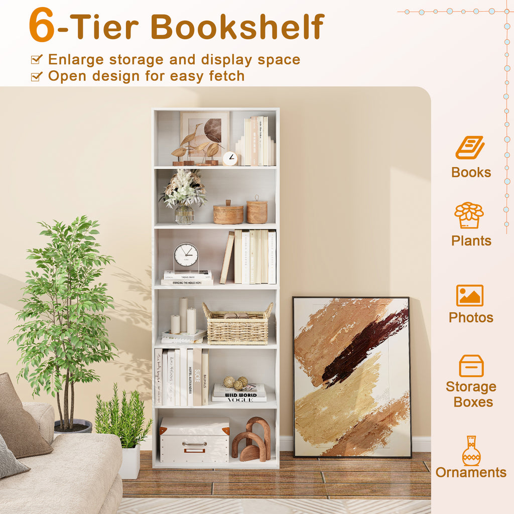 6-Tier Bookcase with Open Shelves, White