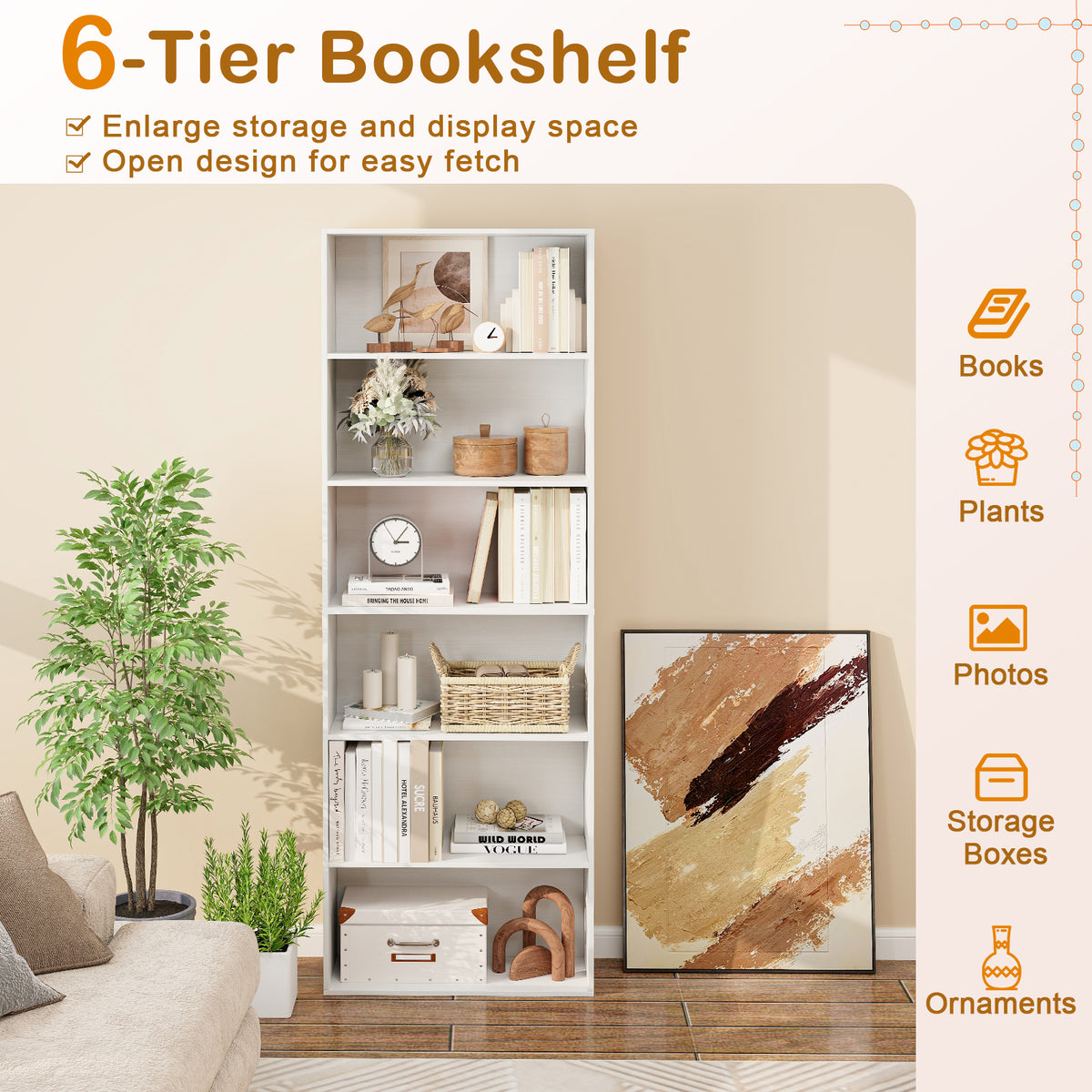 6-Tier Bookcase with Open Shelves, White