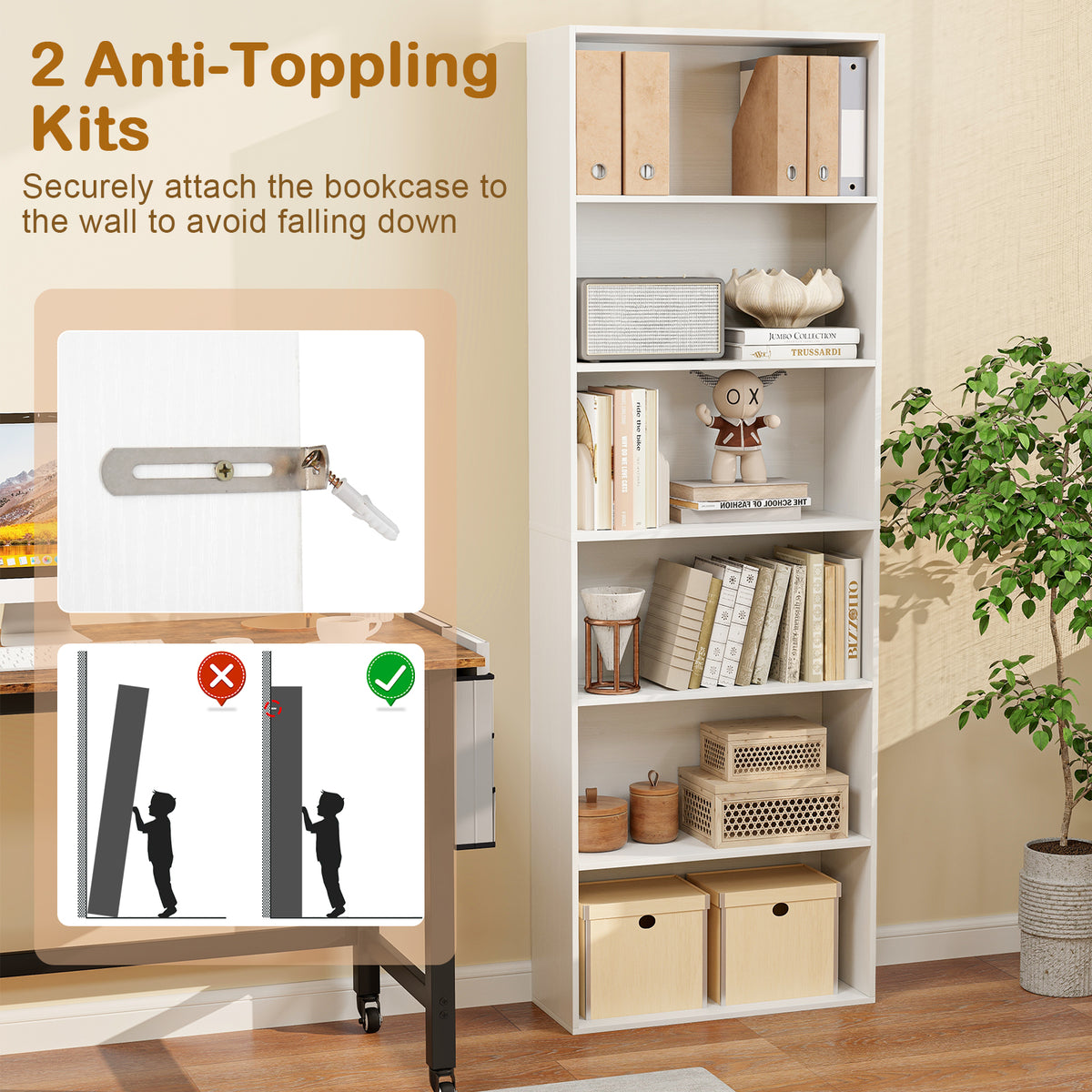 6-Tier Bookcase with Open Shelves, White