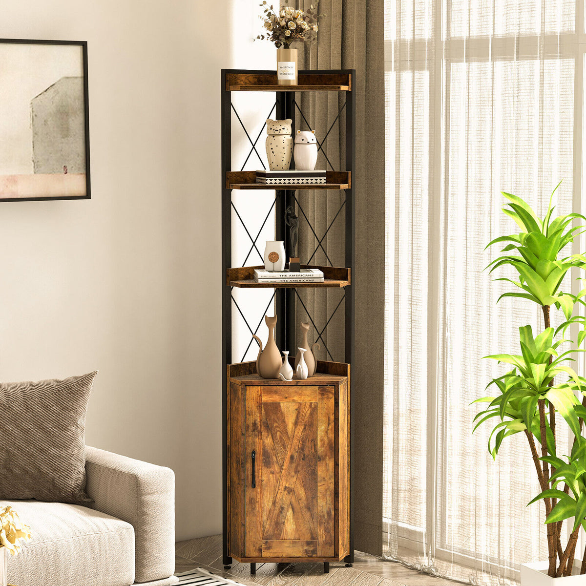 Tall Corner Storage Cabinet with 4-Tier Shelves, Rustic Brown