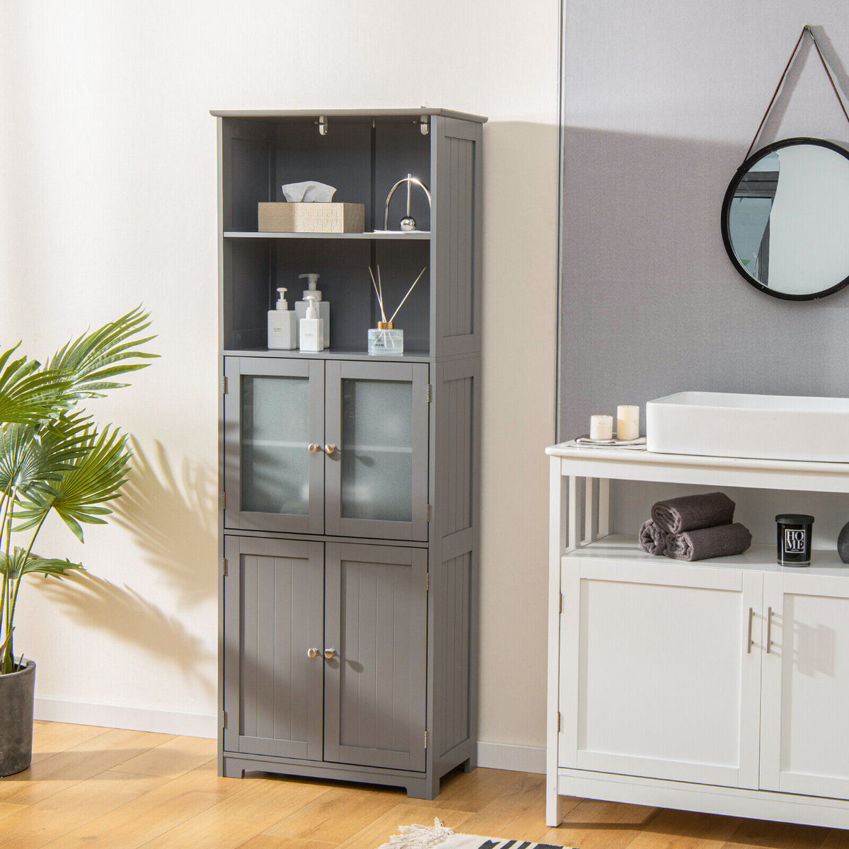 6-Tier Freestanding Bathroom Cabinet with 2 Open Compartments and