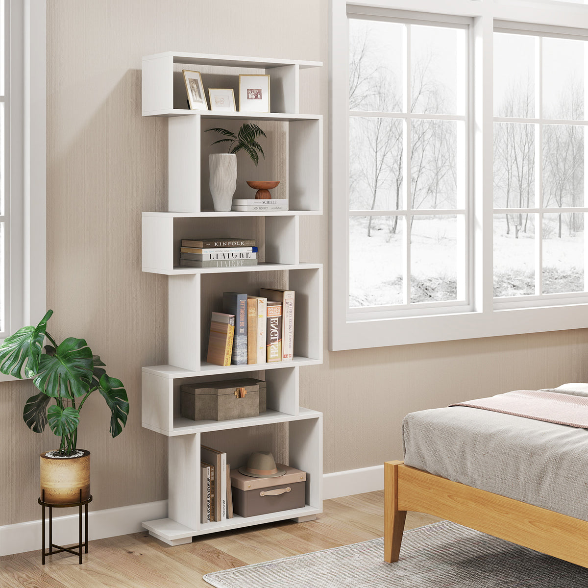 6-Tier Geometric Bookshelf with 2 Anti-Tipping Kits for Home Office