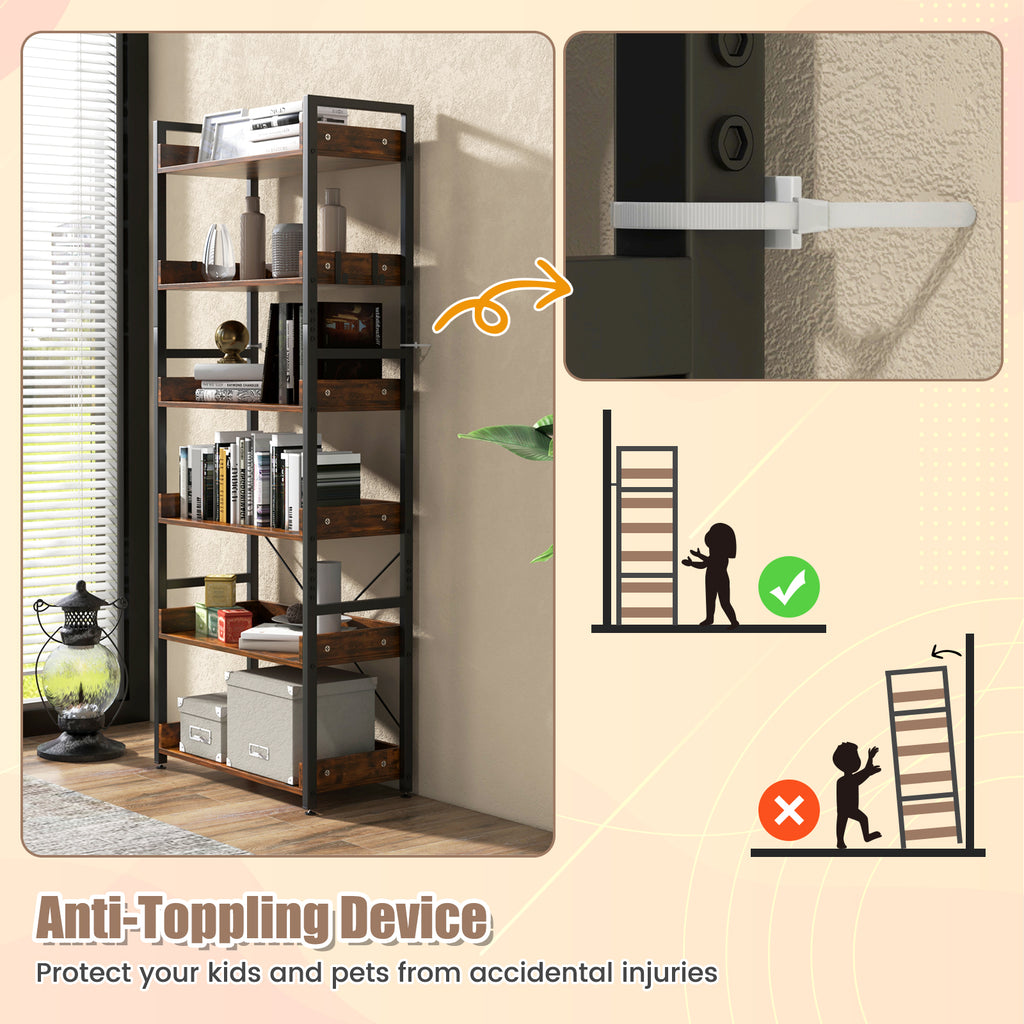 6-Tier Tall Industrial Bookcase with Open Shelves and 4 Hooks