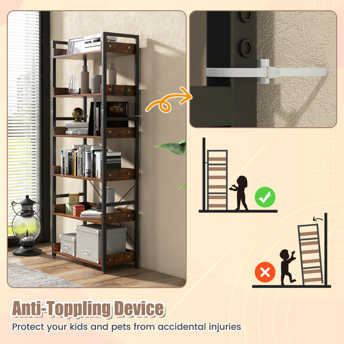 6-Tier Tall Industrial Bookcase with Open Shelves and 4 Hooks