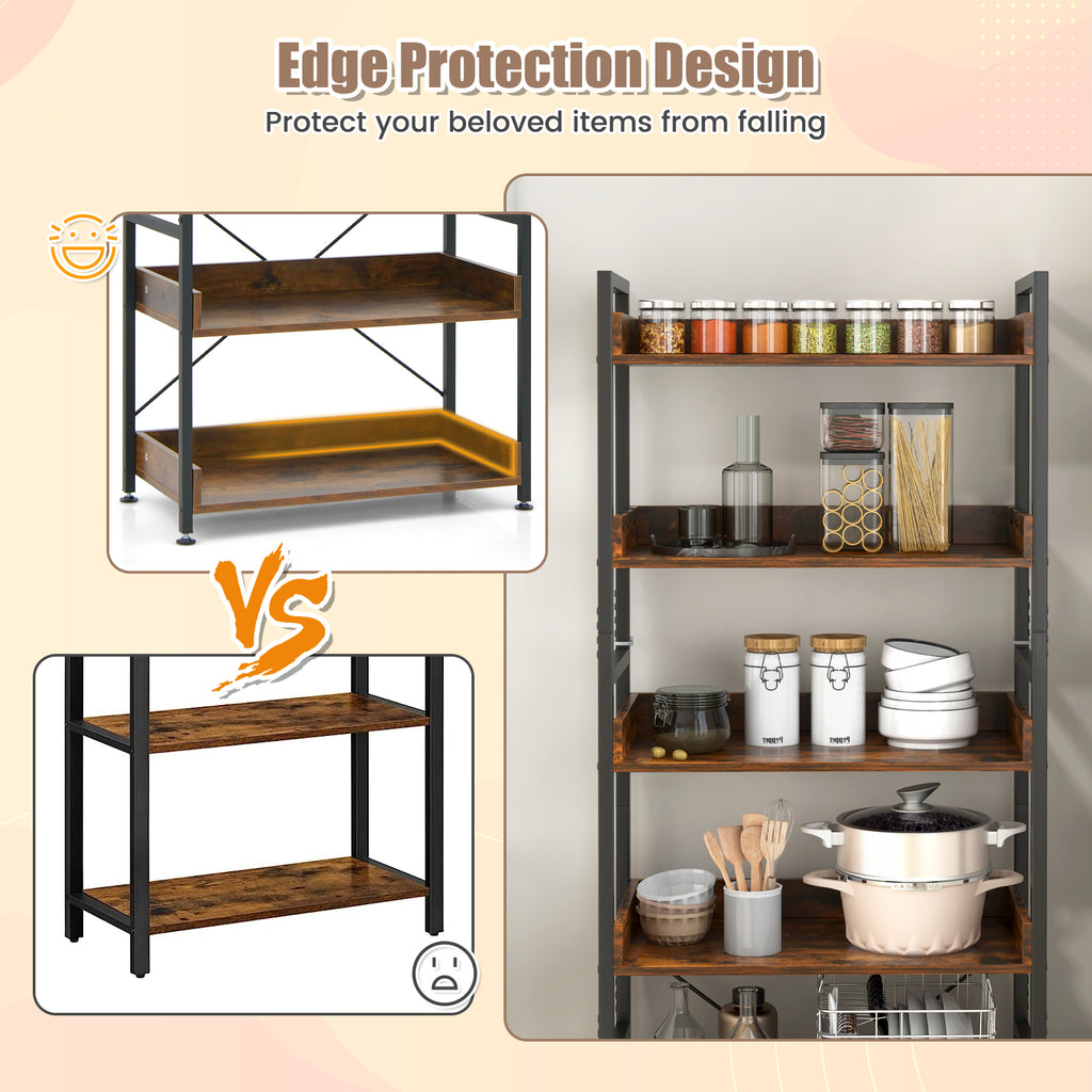 6-Tier Tall Industrial Bookcase with Open Shelves and 4 Hooks