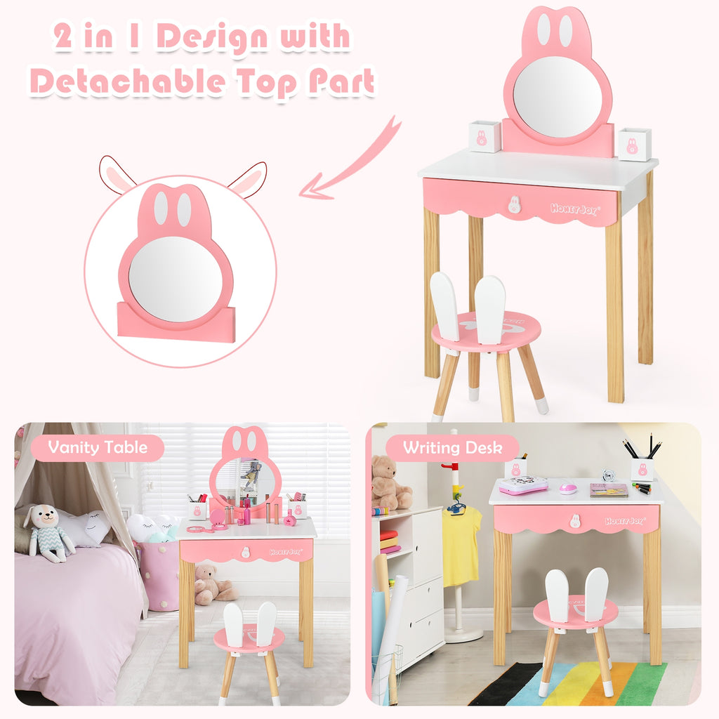Kids Rabbit Vanity Table Chair Set with Mirror & Drawer - White