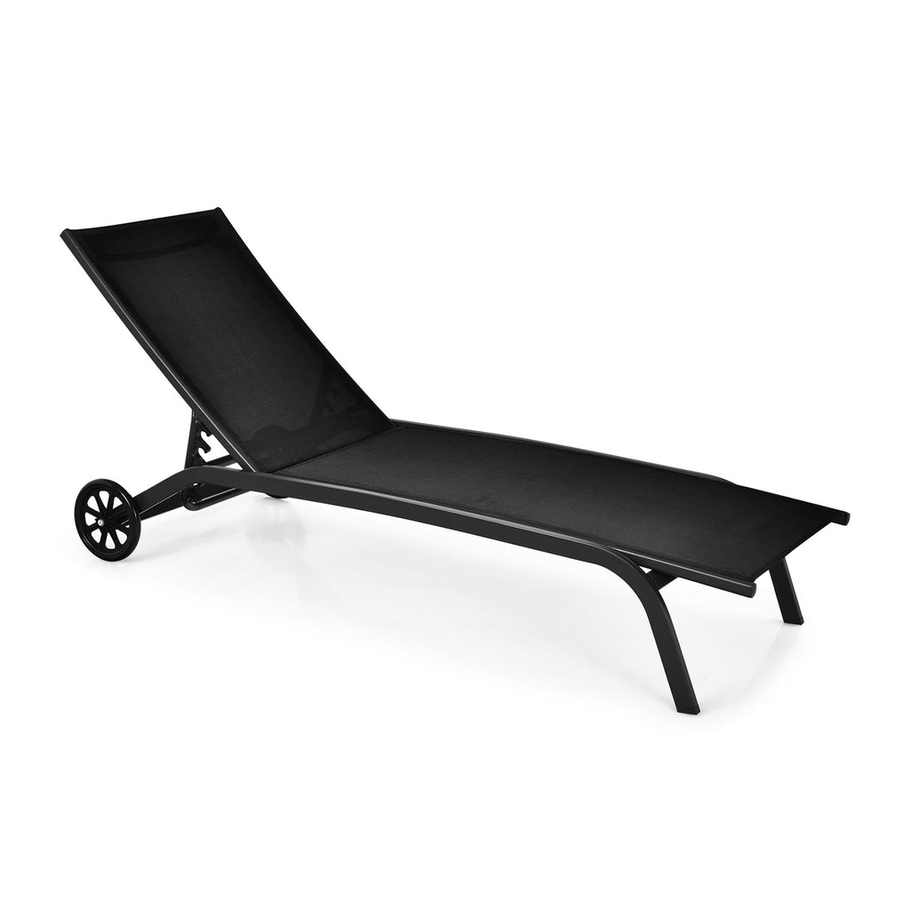 6-Position Adjustable Outdoor Chaise Recliner with Wheels - Black