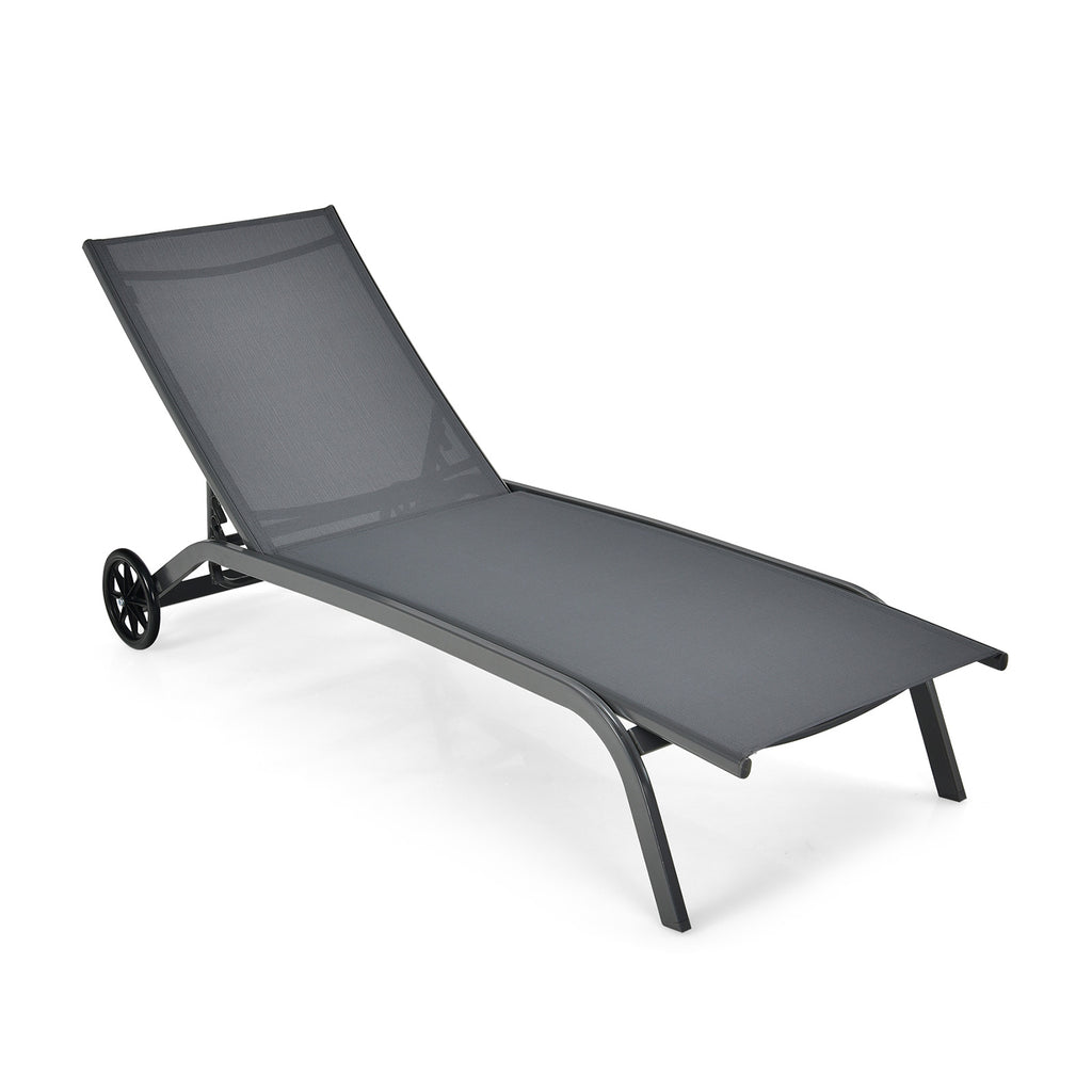 6-Position Adjustable Outdoor Chaise Recliner with Wheels - Black