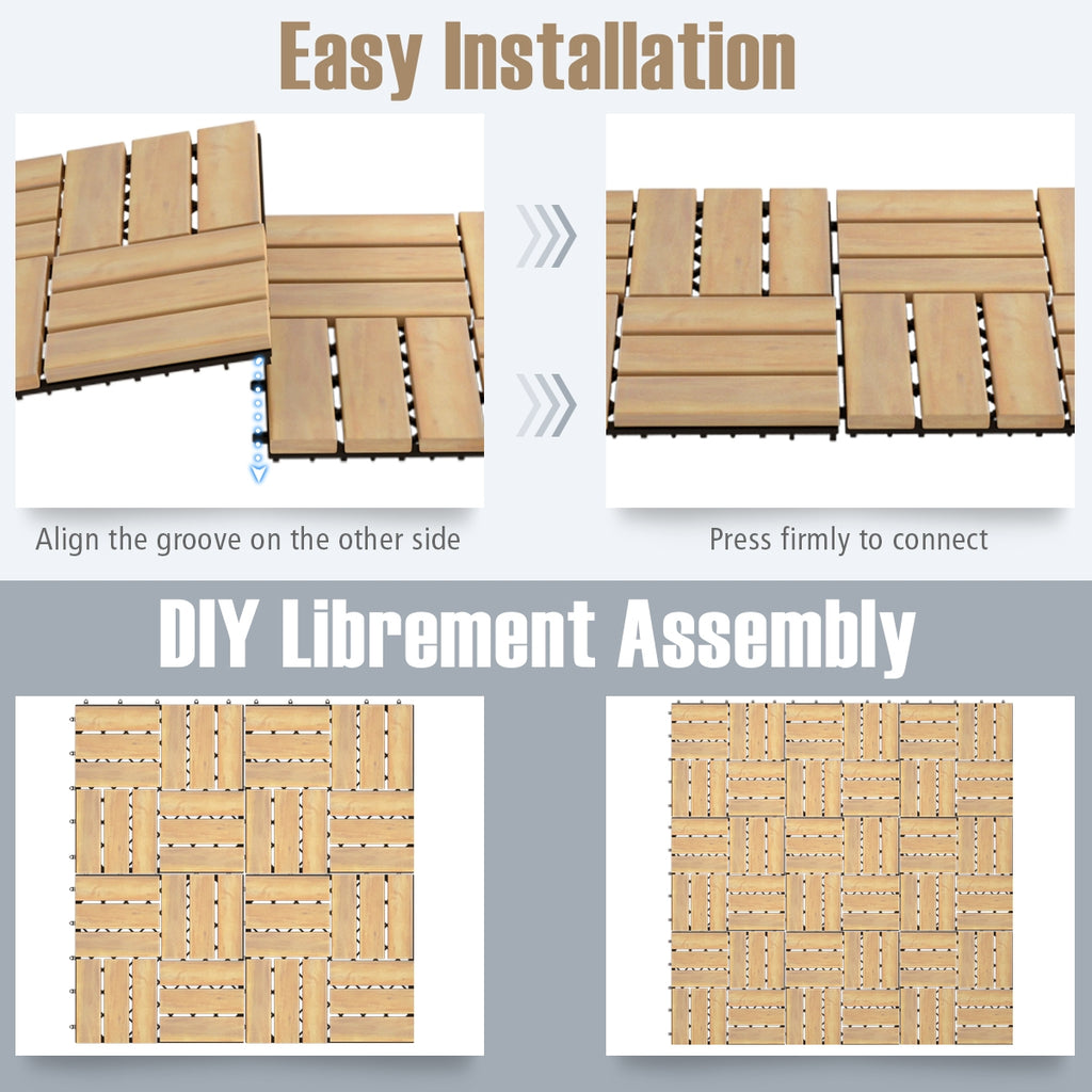 Checker Pattern Acacia Wood Interlocking Deck Tiles - 12x12 Inch, 10 Pack