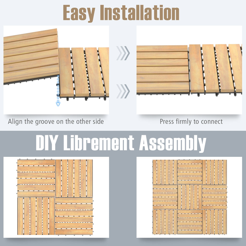 Interlocking Acacia Wood Floor Tiles - Stripe Pattern, 10 Pack, 12x12 Inch