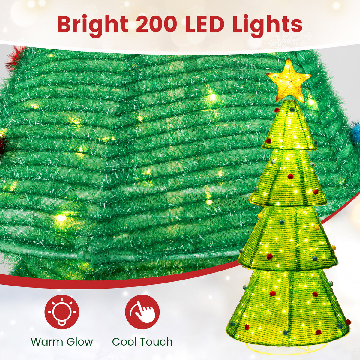 6.2Ft Collapsible Christmas Tree with 200 LED Lights & Top Star Decoration