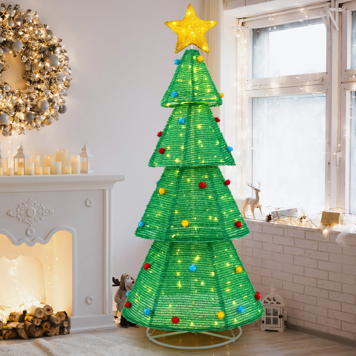 6.2Ft Collapsible Christmas Tree with 200 LED Lights & Top Star Decoration