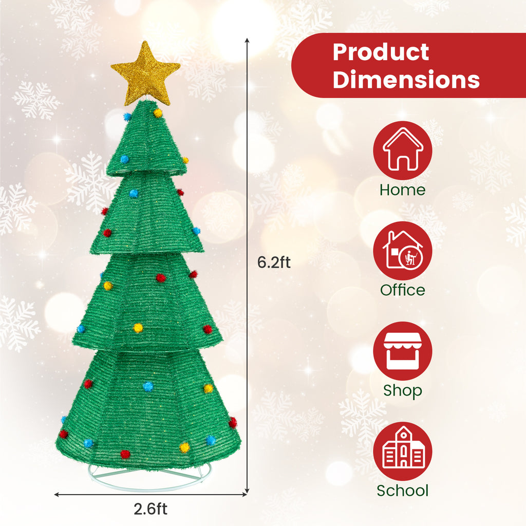 6.2Ft Collapsible Christmas Tree with 200 LED Lights & Top Star Decoration