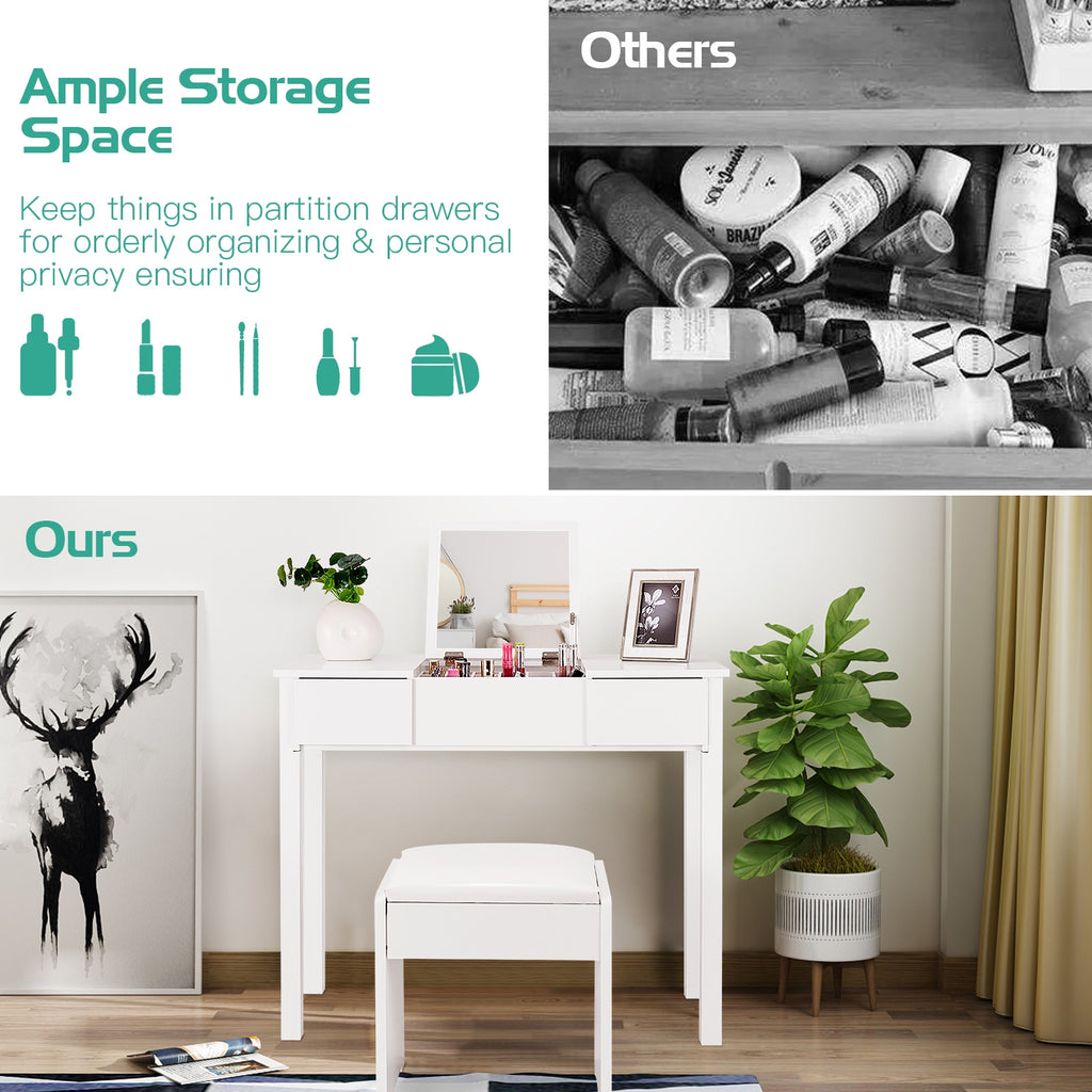 Makeup Dressing Table with Flip Top Mirror & Cushioned Stool, White