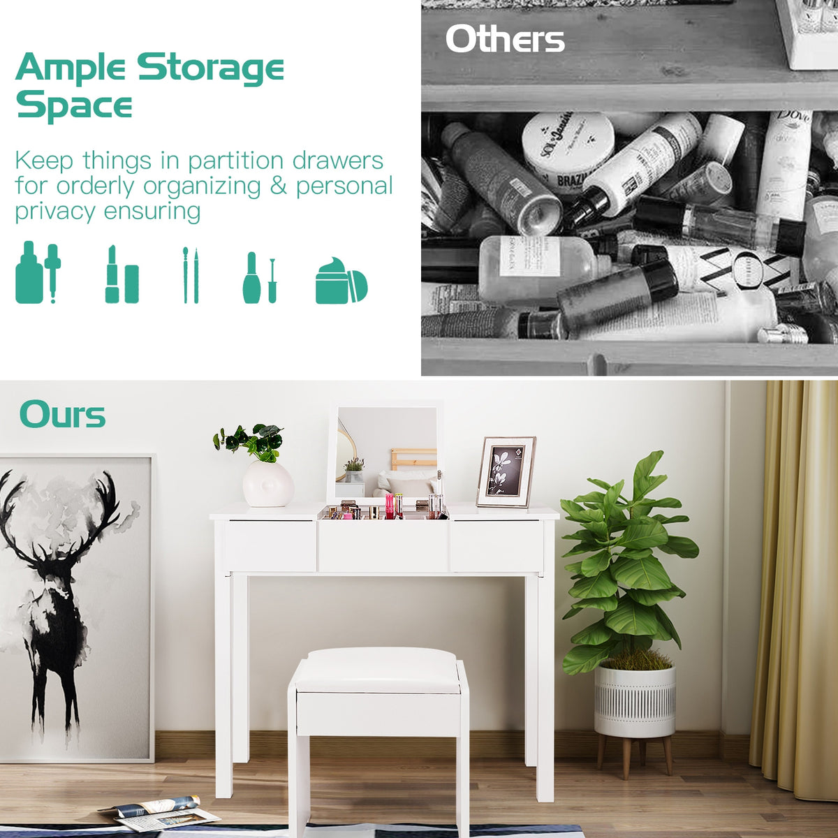 Makeup Dressing Table with Flip Top Mirror & Cushioned Stool, White
