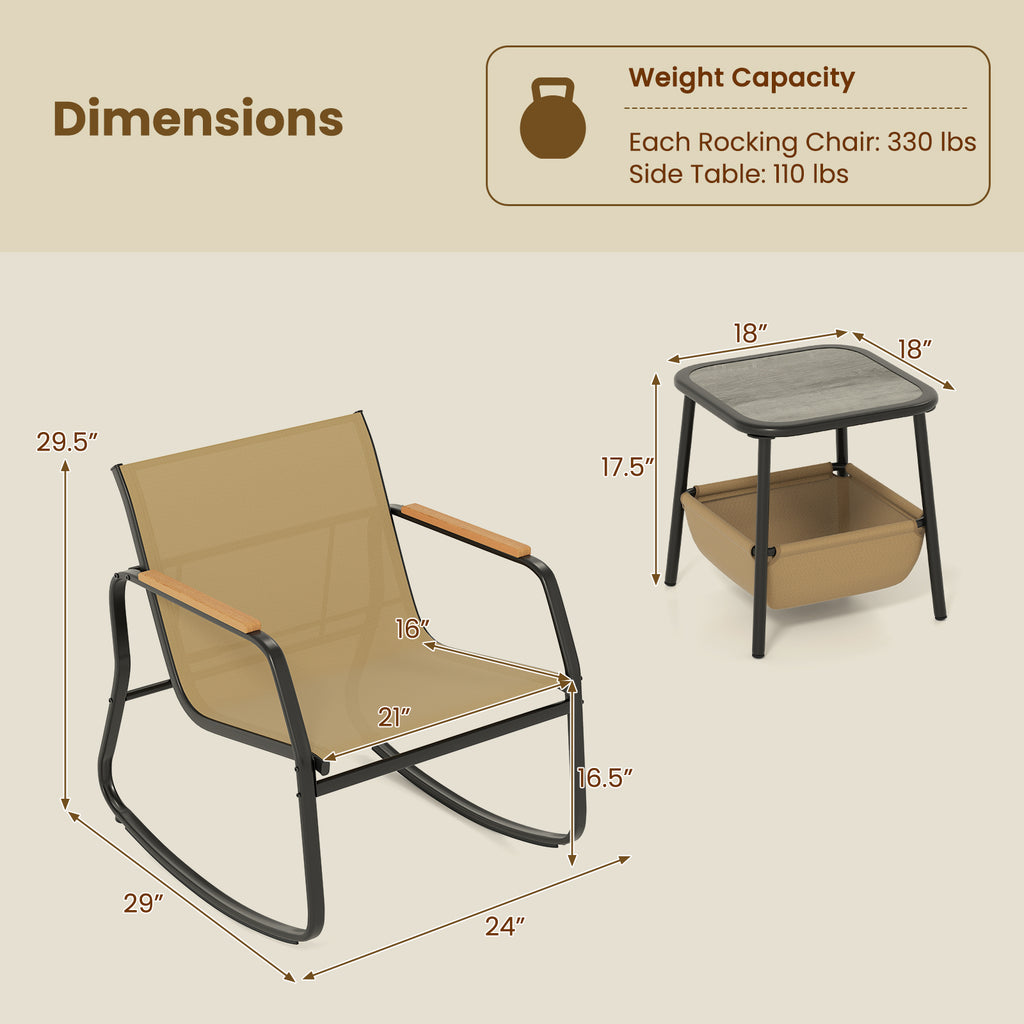 3 Piece Rocking Bistro Chairs and Side Table Set with Storage Bag