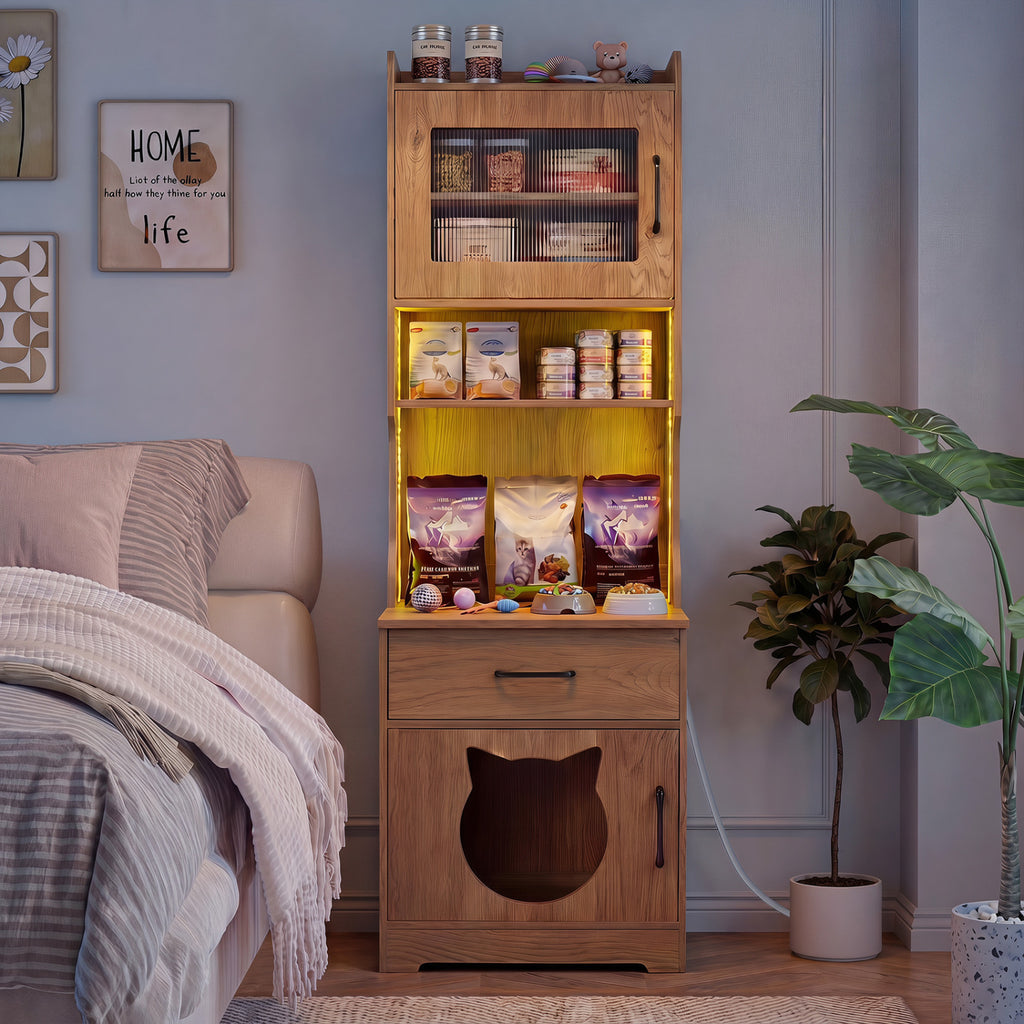 Natural 60-Inch Cat Litter Box Enclosure with Adjustable LED Light & Storage