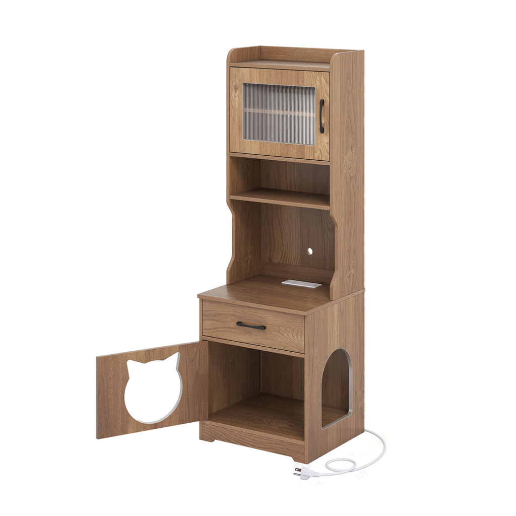 Natural 60-Inch Cat Litter Box Enclosure with Adjustable LED Light & Storage
