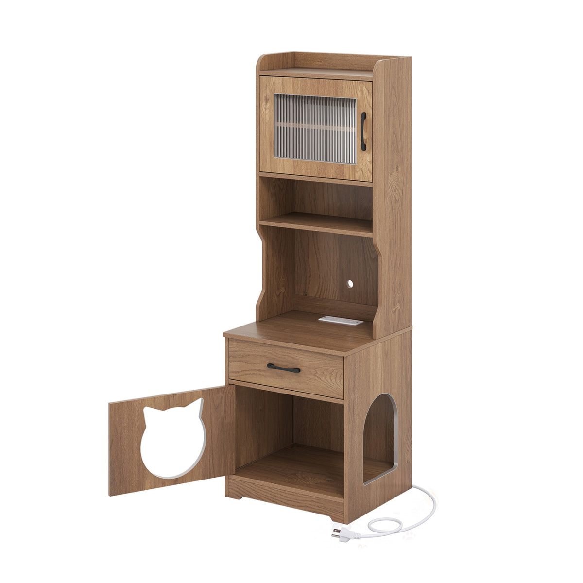 Natural 60-Inch Cat Litter Box Enclosure with Adjustable LED Light & Storage