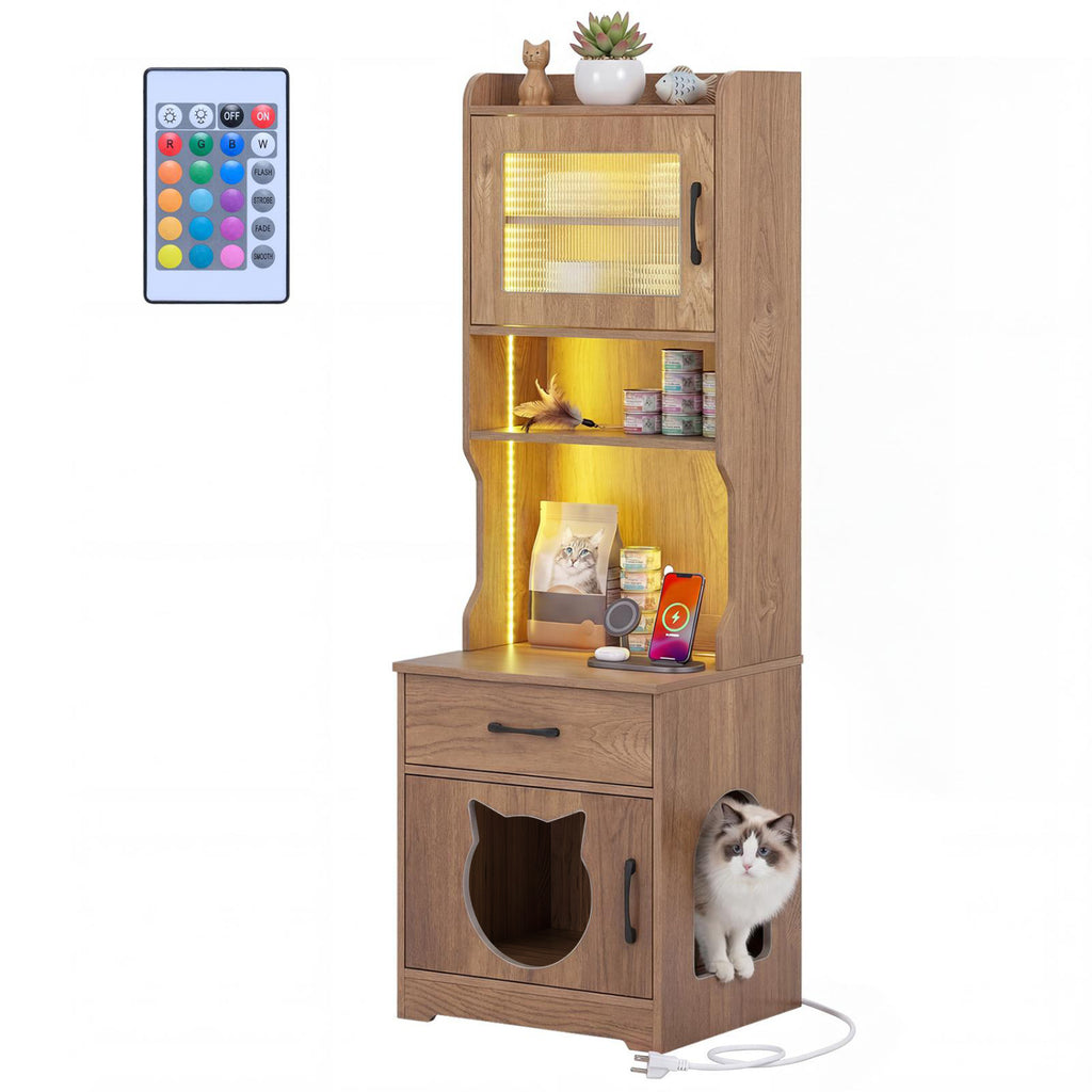 Natural 60-Inch Cat Litter Box Enclosure with Adjustable LED Light & Storage