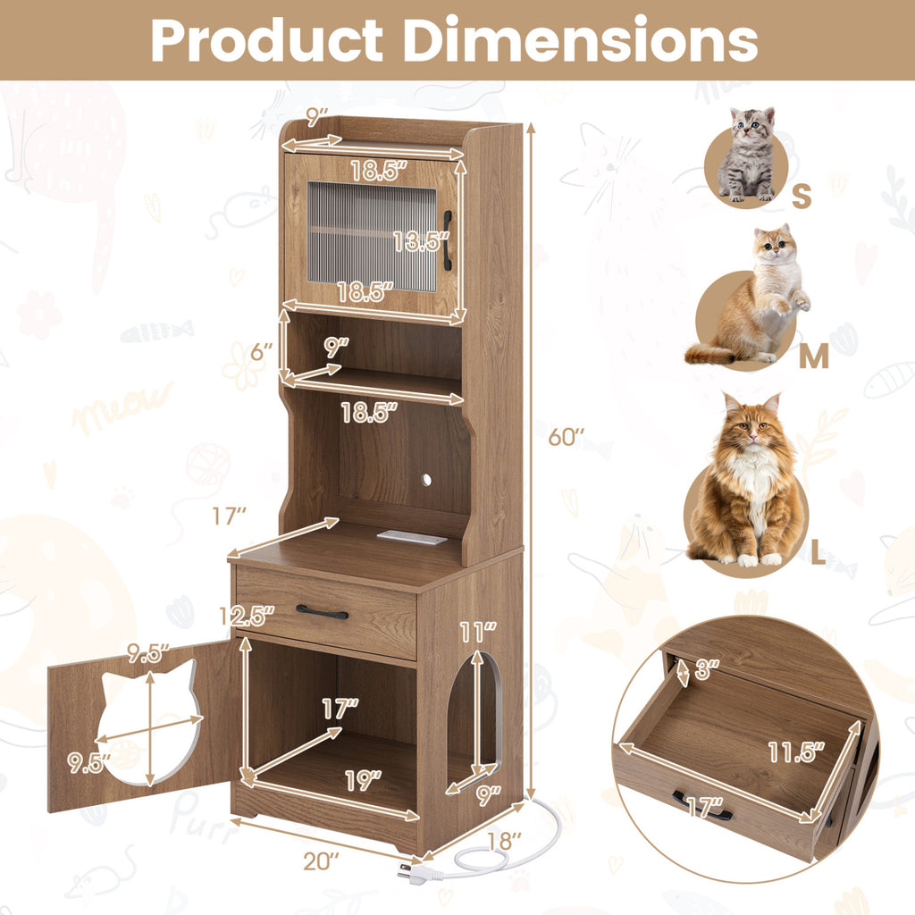 Natural 60-Inch Cat Litter Box Enclosure with Adjustable LED Light & Storage