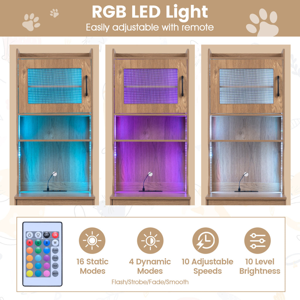 Natural 60-Inch Cat Litter Box Enclosure with Adjustable LED Light & Storage