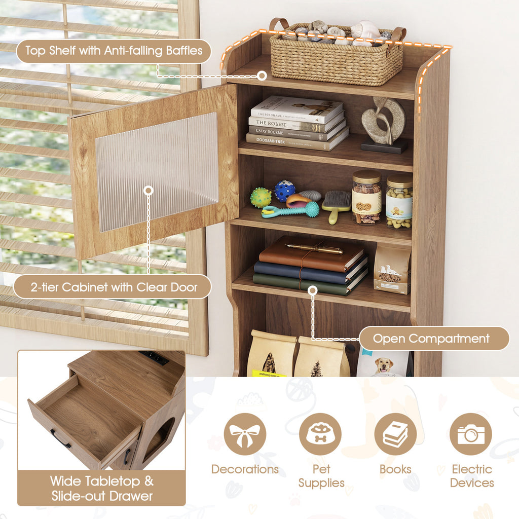 Natural 60-Inch Cat Litter Box Enclosure with Adjustable LED Light & Storage