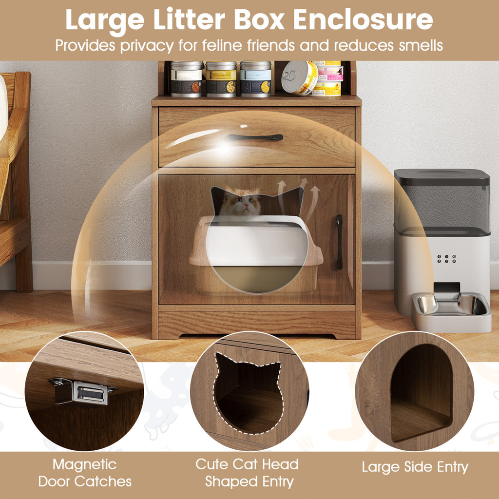 Natural 60-Inch Cat Litter Box Enclosure with Adjustable LED Light & Storage