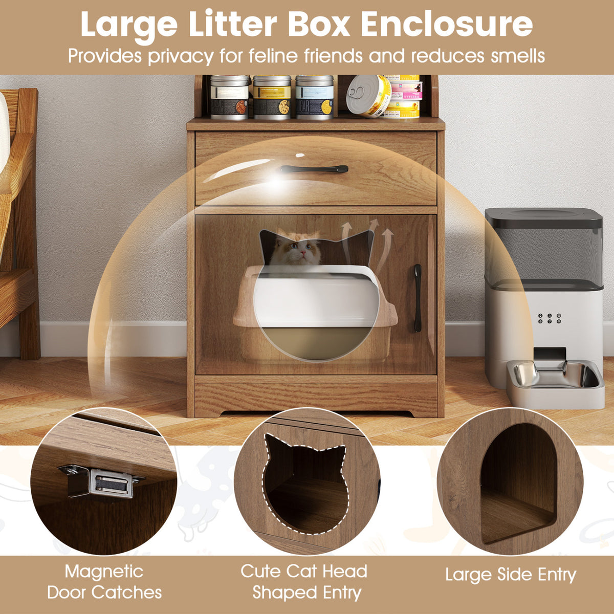 Natural 60-Inch Cat Litter Box Enclosure with Adjustable LED Light & Storage