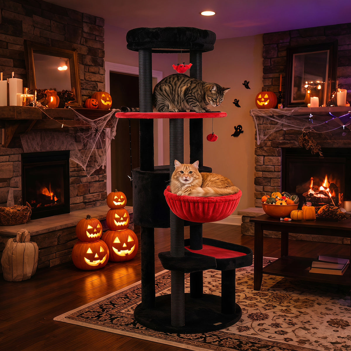Purple 60-Inch Cat Tower with Plush Perch & Spider Toys for Halloween