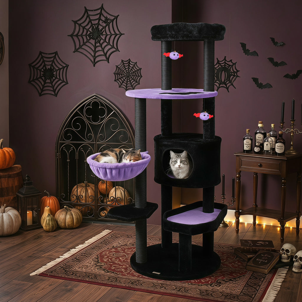 Purple 60-Inch Cat Tower with Plush Perch & Spider Toys for Halloween