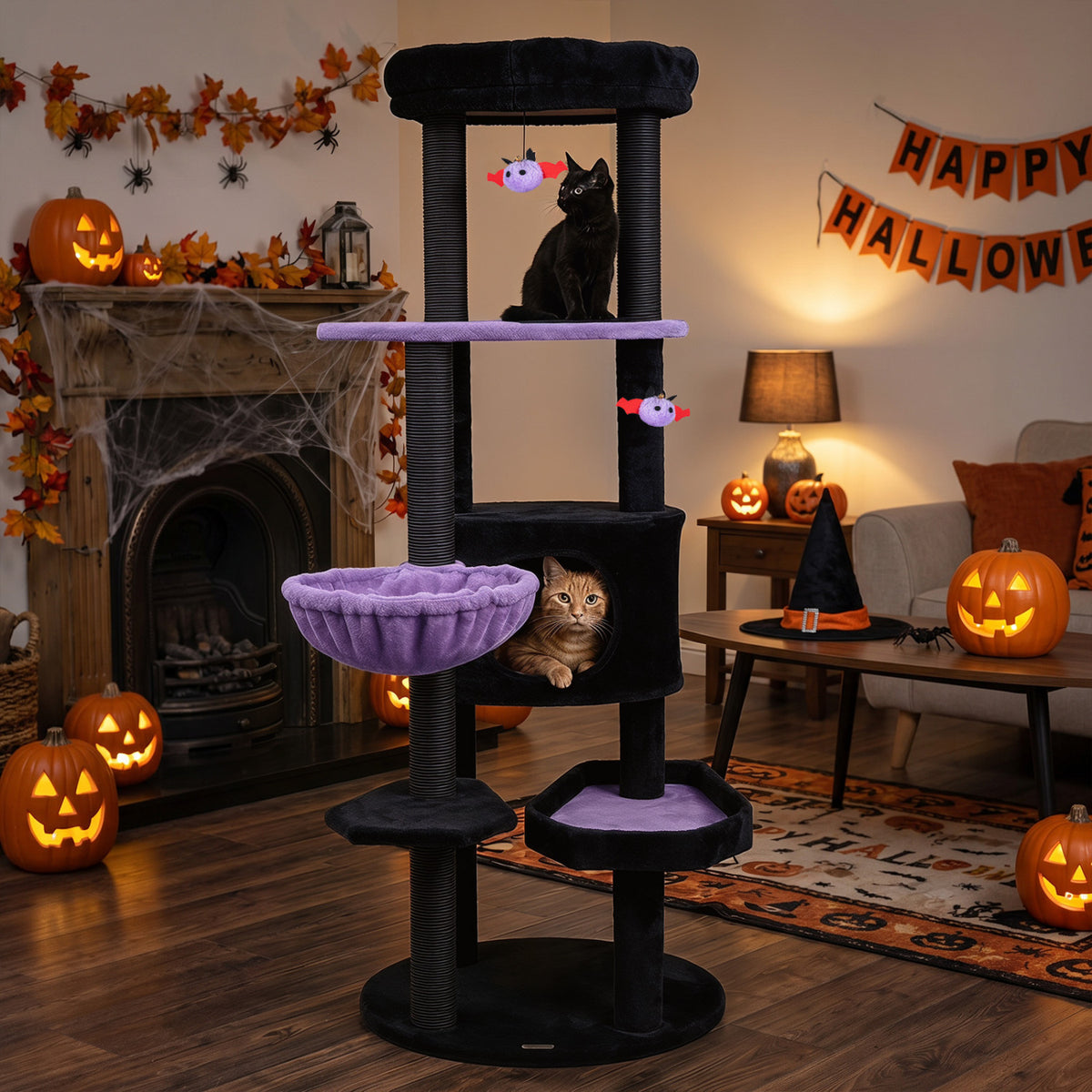 Purple 60-Inch Cat Tower with Plush Perch & Spider Toys for Halloween