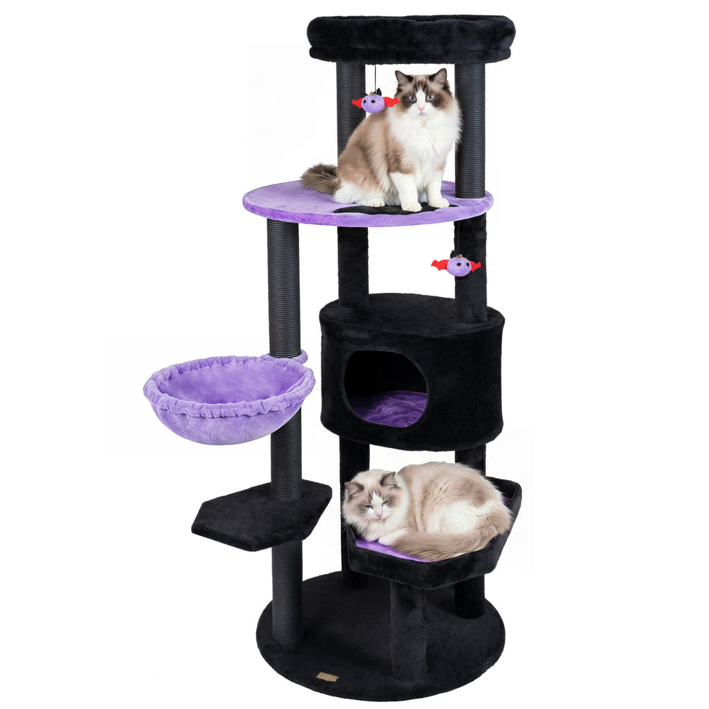 Purple 60-Inch Cat Tower with Plush Perch & Spider Toys for Halloween
